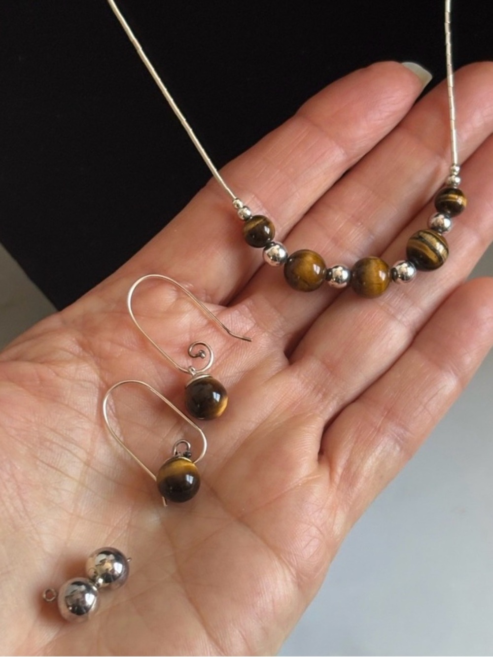 Chic Sterling Silver Omega Tiger’s Eye Necklace + Interchangeable Earrings Set